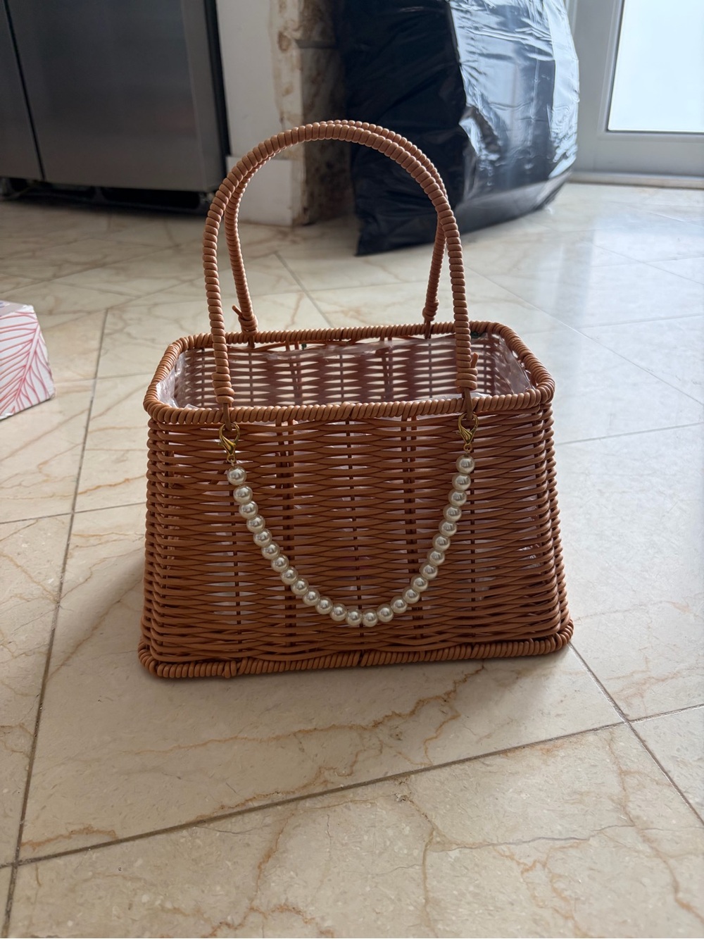 Woven Pearl-Accent Handbag in Light Brown